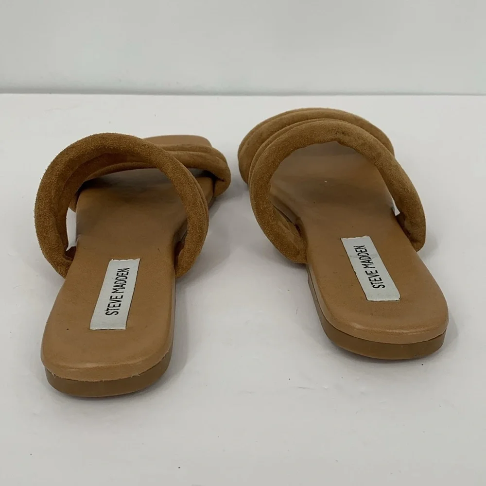 Steve Madden Wizen double strap slide sandal shoe flat brown suede mule puffy 9